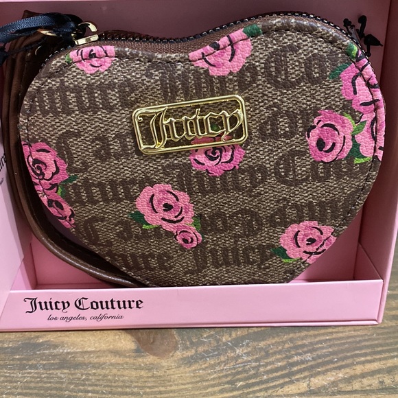 Juicy Couture Brown Pink Floral Heart Wristlet with Black Pom Pom Keychain - Picture 3 of 9